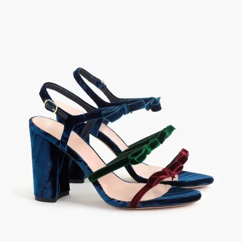 J. Crew Multicolor Velvet Bow Block Heel Sandals in Navy, Green, Burgundy